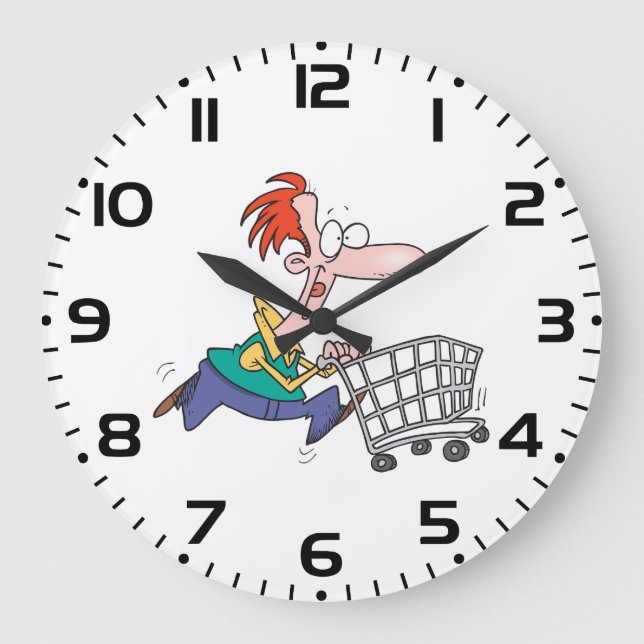 Funny Cartoon Man Running With Shopping Cart Large Clock (Front)