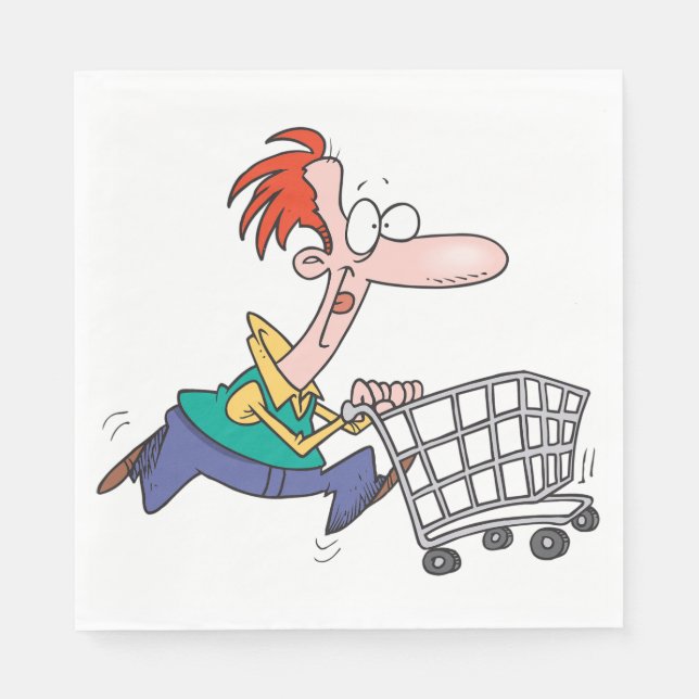 Funny Cartoon Man Running With Shopping Cart Napkin (Front)