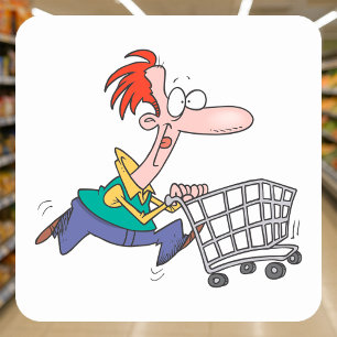 Funny Cartoon Man Running With Shopping Cart Square Sticker