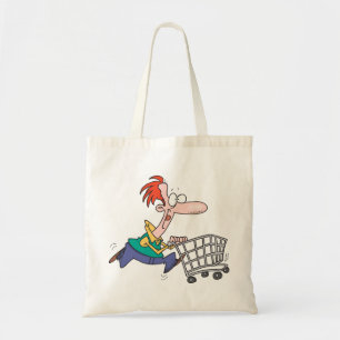 Funny Cartoon Man Running With Shopping Cart Tote Bag