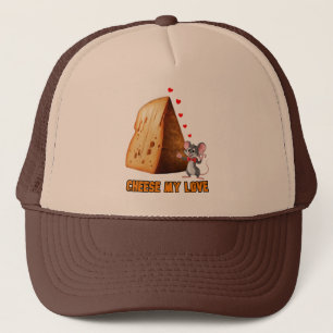 Funny Cartoon Mouse in Love with a cheese on a  Trucker Hat