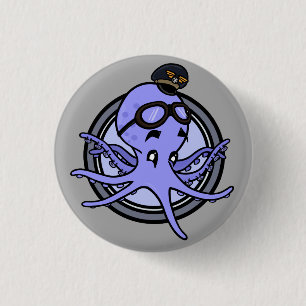 FUNNY CARTOON OCTOPUS PILOT ROUND PIN-BACK BUTTON