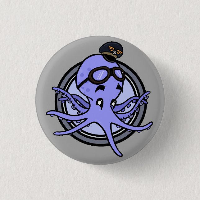 FUNNY CARTOON OCTOPUS PILOT ROUND PIN-BACK BUTTON (Front)
