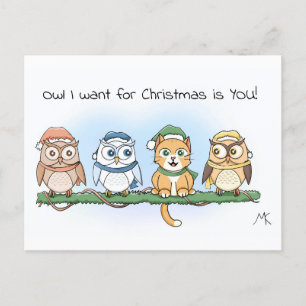 Funny Cartoon Owl I want for Christmas  Holiday Postcard