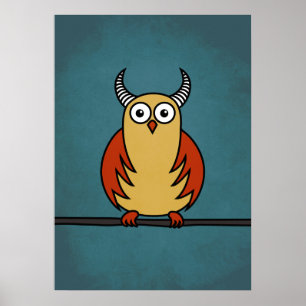 Funny Cartoon Owl With Horns Poster