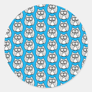 Funny Cartoon Owls Blue Classic Round Sticker