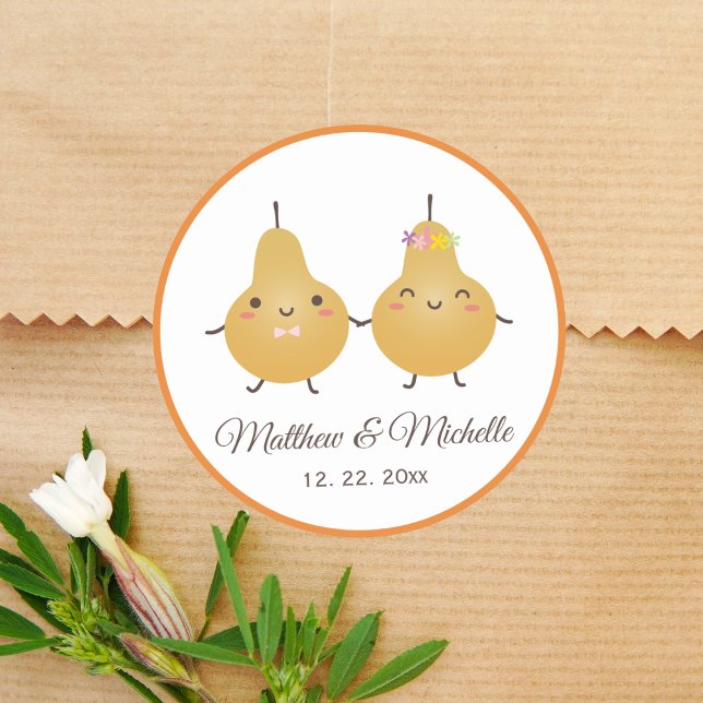Funny Cartoon Perfect Pear Couple Wedding Favour Classic Round Sticker (Creator Uploaded)