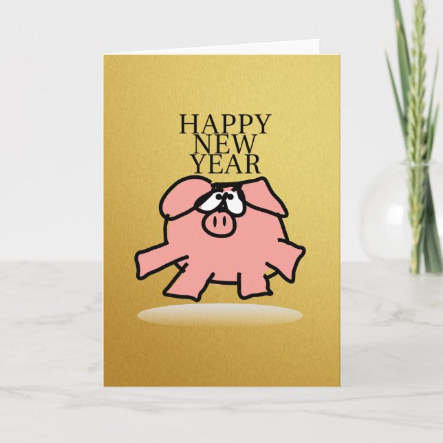 Funny Cartoon Pig Year Golden Greeting Card (Front)