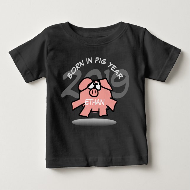 Funny Cartoon Pink Pig 2019 Personalised Baby Tee (Front)