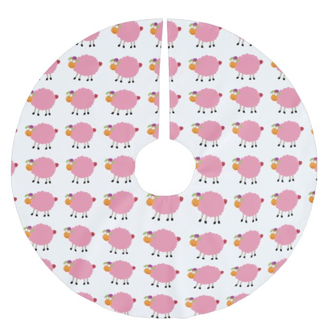 Funny cartoon pink sheep brushed polyester tree skirt (Front)