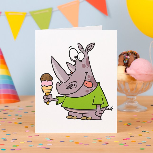 Funny Cartoon Rhino Eating Ice Cream Cute Animal  Card (Creator Uploaded)