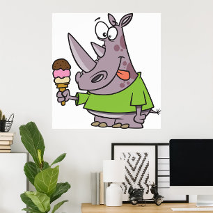 Funny Cartoon Rhino Eating Ice Cream Cute Animal  Poster