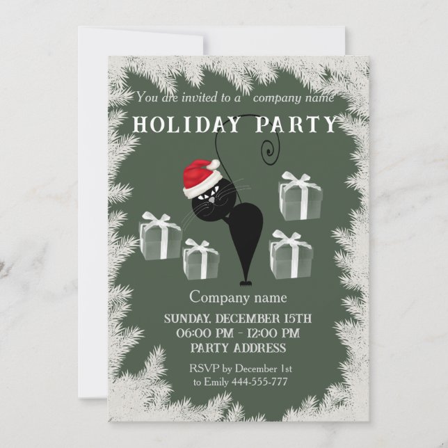 Funny cartoon Santa cat holiday party corporate Invitation (Front)