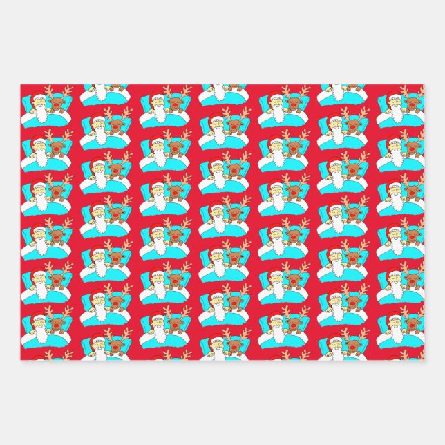 Funny Cartoon Santa, Reindeer and Toilet Roll Wrapping Paper Sheet (Front)