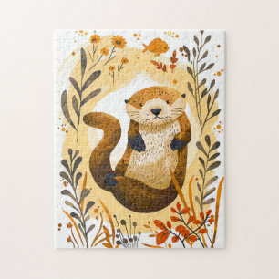 funny cartoon Sea Otter Floating in Ocean Jigsaw Puzzle