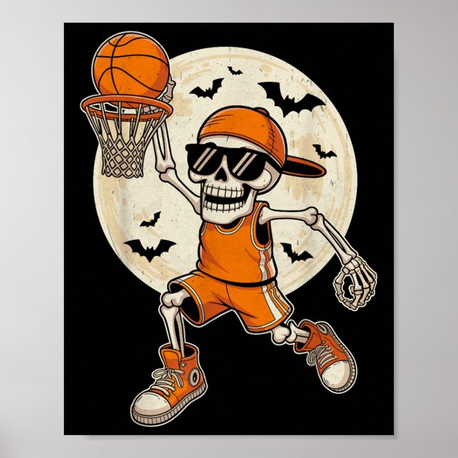 Funny Cartoon Skeleton Basketball Halloween Player Poster (Front)
