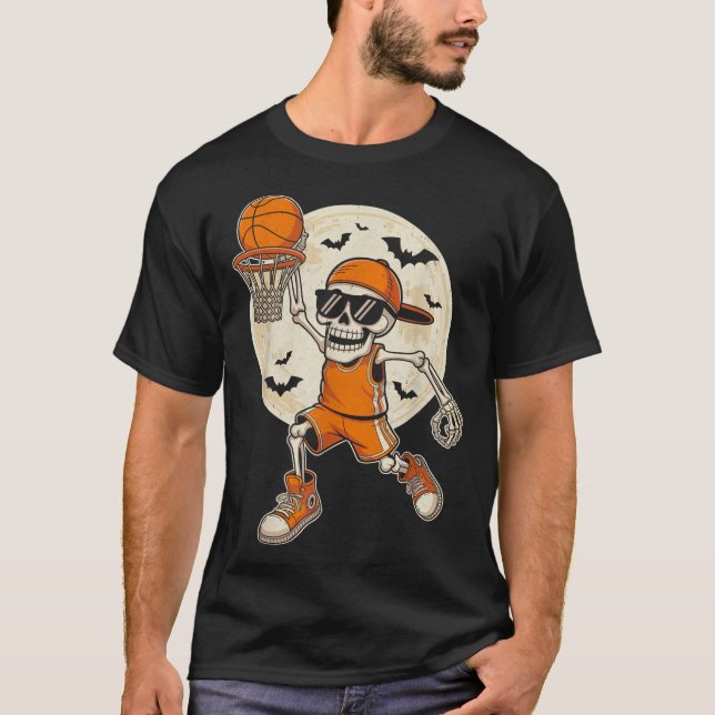 Funny Cartoon Skeleton Basketball Halloween Player T-Shirt (Front)