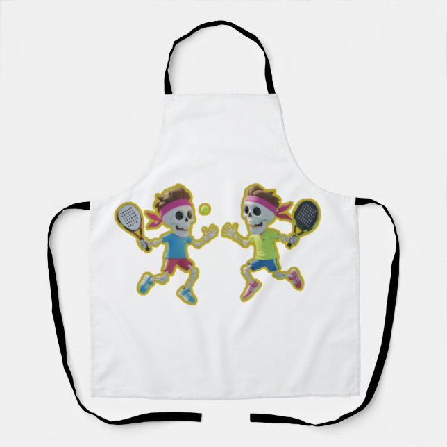 Funny Cartoon Skeletons Playing Padel Tennis – 3D  Apron (Front)