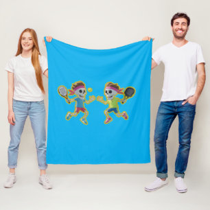 Funny Cartoon Skeletons Playing Padel Tennis – 3D  Fleece Blanket