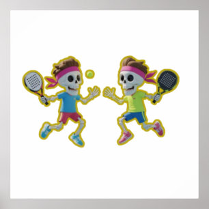 Funny Cartoon Skeletons Playing Padel Tennis – 3D  Poster
