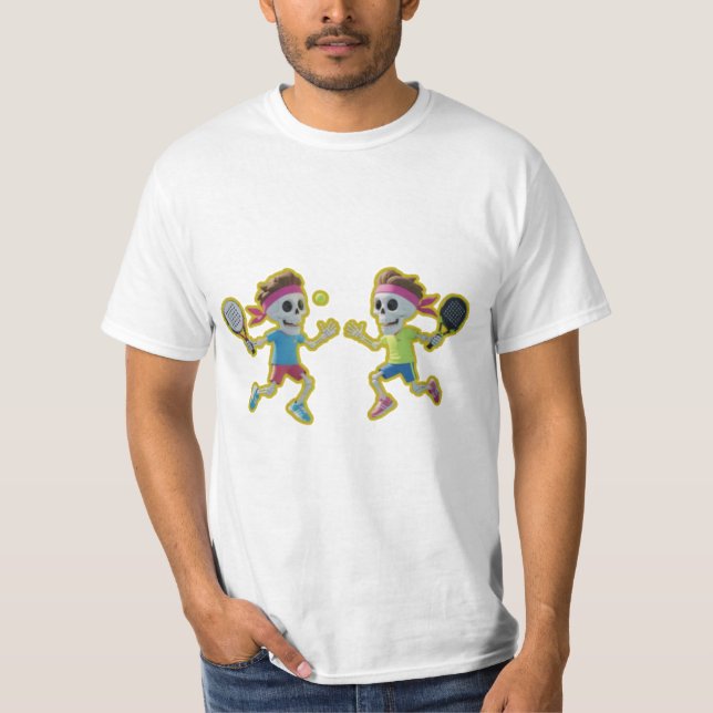 Funny Cartoon Skeletons Playing Padel Tennis – 3D  T-Shirt (Front)