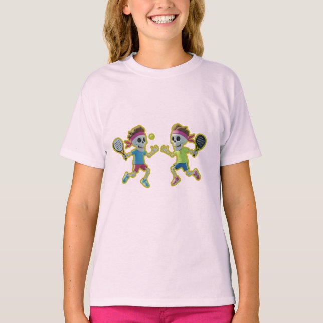 Funny Cartoon Skeletons Playing Padel Tennis – 3D  T-Shirt (Front)