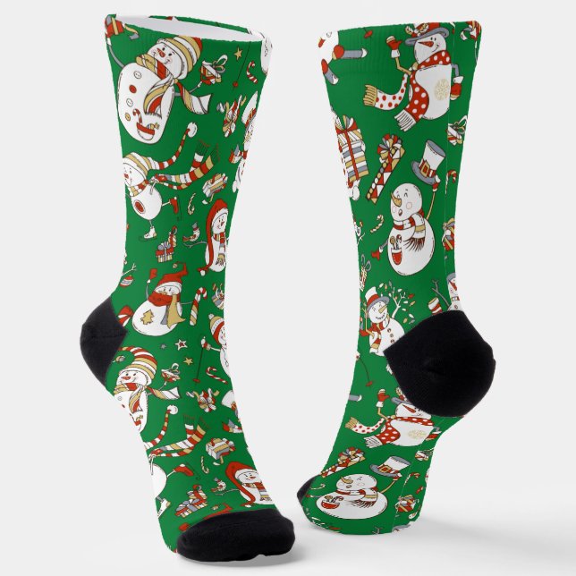 Funny Cartoon Snowmen Christmas Pattern Socks (Angled)