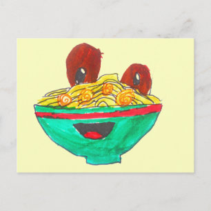 Funny cartoon spaghetti meatballs art postcard