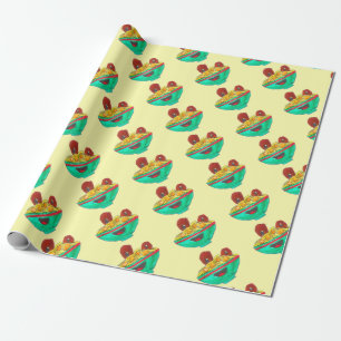 Funny cartoon spaghetti meatballs art wrapping paper