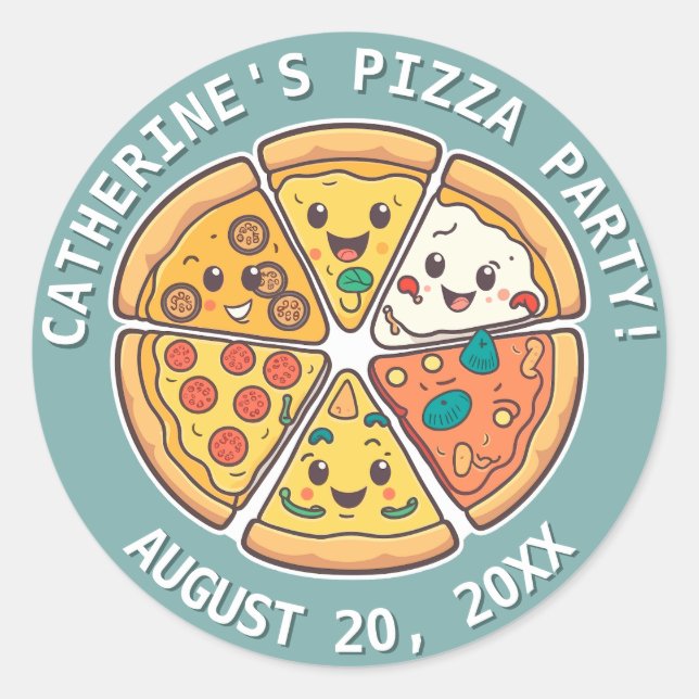 Funny cartoon style pizza party customisable classic round sticker (Front)