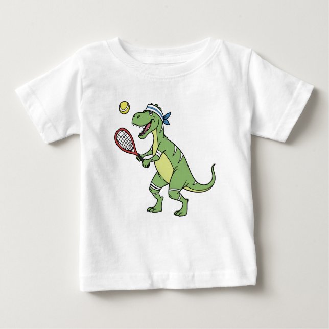  Funny Cartoon T-Rex Playing Tennis Dinosaur Baby T-Shirt (Front)
