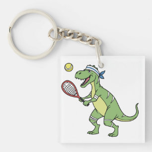 Funny Cartoon T-Rex Playing Tennis Dinosaur Key Ring