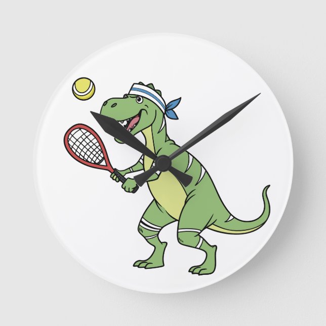  Funny Cartoon T-Rex Playing Tennis Dinosaur Round Clock (Front)