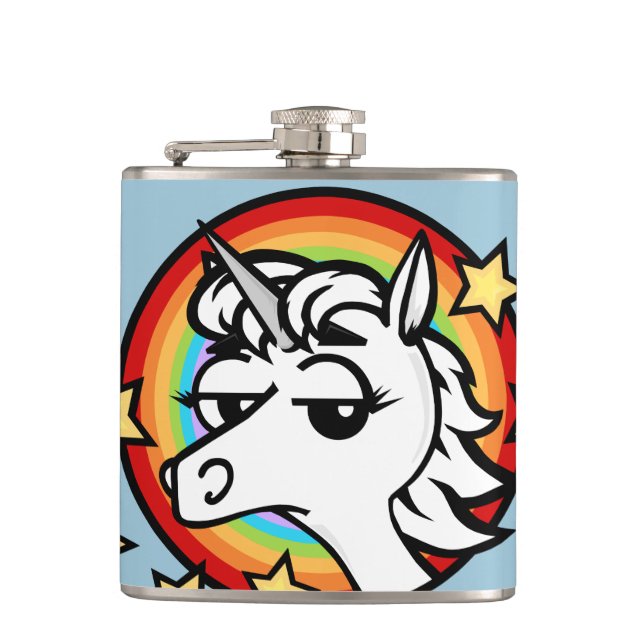FUNNY CARTOON UNICORN AND RAINBOW GRAPHIC FLASK (Front)