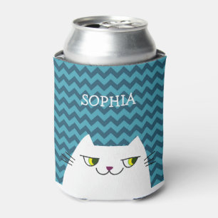 Funny Cartoon White Cat Face Doodle , Blue Chevron Can Cooler