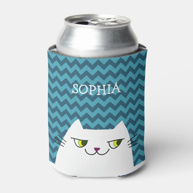 Funny Cartoon White Cat Face Doodle , Blue Chevron Can Cooler (Can Front)