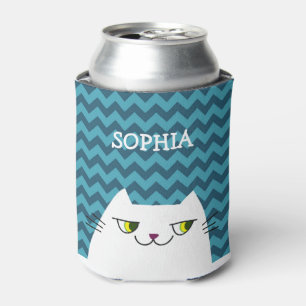 Funny Cartoon White Cat Face Doodle , Blue Chevron Can Cooler