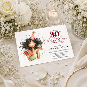 Funny Cartoon Woman 30th Birthday Burgundy Marsala Invitation