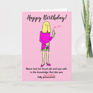 Funny Cartoon Woman Drinking Covid Jab Birthday Card