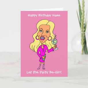 Funny Cartoon Woman Drinking Gin Blond Birthday Card