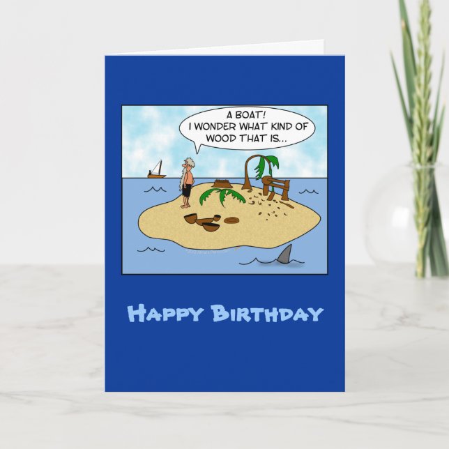 Funny Cartoon Woodturner on Deserted Island Card (Front)
