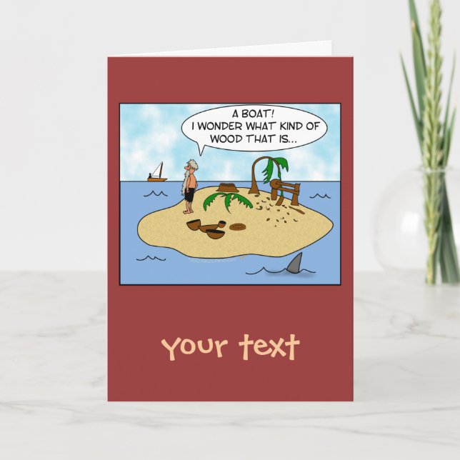 Funny Cartoon Woodturner on Deserted Island Card (Front)