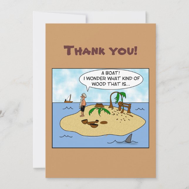 Funny Cartoon Woodturner on Deserted Island Thank You Card (Front)