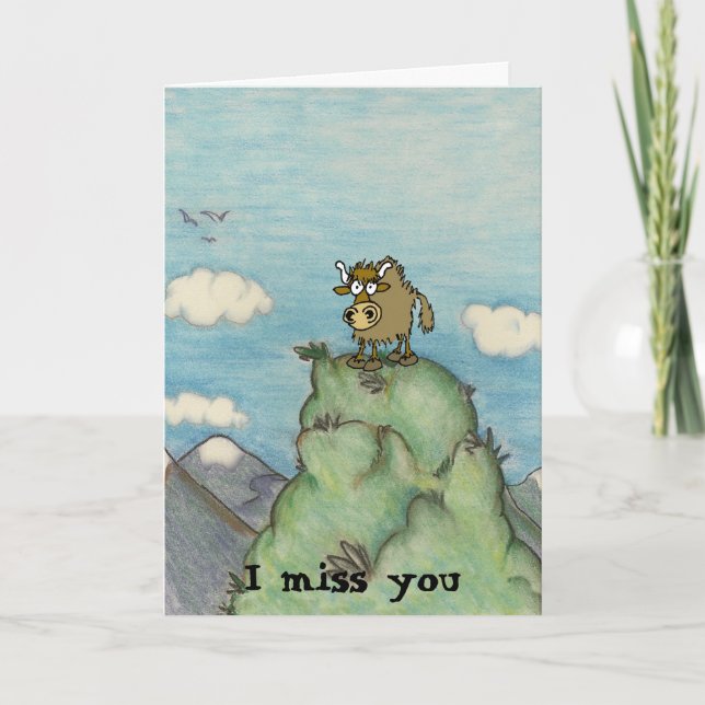Funny cartoon yak on mountain top. card (Front)