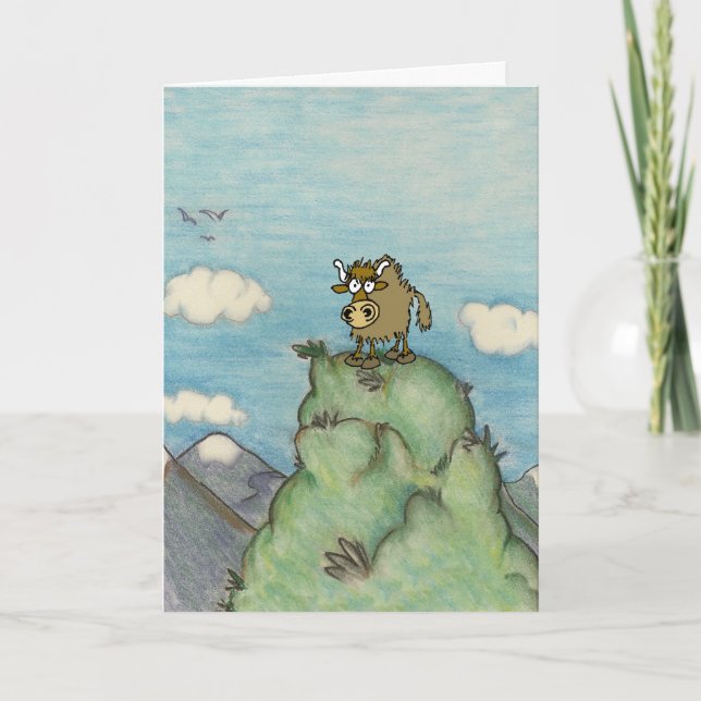 Funny cartoon yak on mountain top. card (Front)