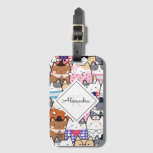 Funny Cartoonish Cats Kitten Pattern Monogram Kids Luggage Tag