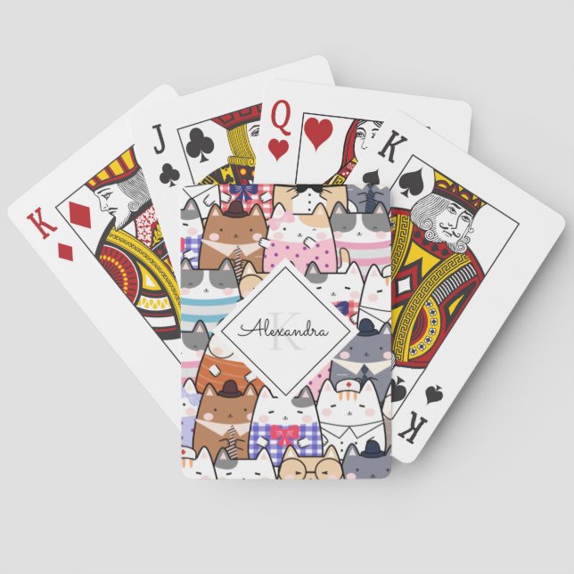 Funny Cartoonish Cats Kitten Pattern Monogram Kids Playing Cards (Back)