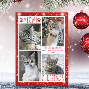 Funny Cat 4 Photo Collage MEOWY CHRISTMAS Red Holiday Card
