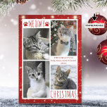 Funny Cat 4 Photo Collage MEOWY CHRISTMAS Red Holiday Card<br><div class="desc">Funny cat photo holiday greeting card featuring 4 pictures with the greeting MEOWY CHRISTMAS (or your custom greeting) in modern hand-lettered typography accented with cat paw prints against a white and red background with lights and stars. ASSISTANCE: For help with design modification or transferring the design to another product or...</div>