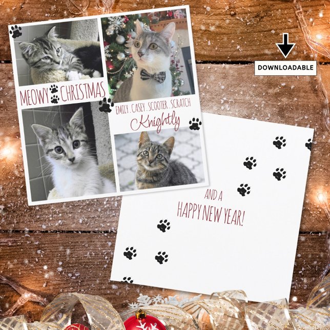 Funny Cat 4 Photo Paw Prints MEOWY CHRISTMAS Card (Creator Uploaded)